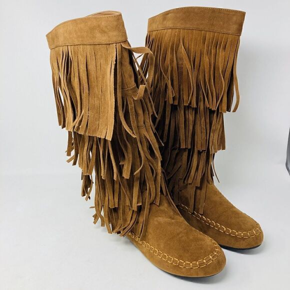 Yoki Mudd Fringe Boots Brown Sz 10 Girls Vegan Cloth Suede Side Zip‎ - Picture 1 of 7